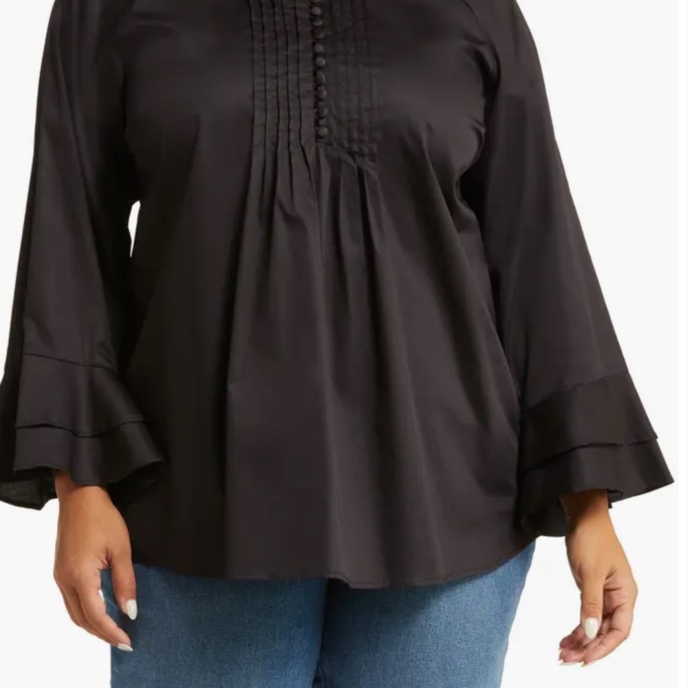 NWT Harshman Nagisa Black Pleated Ruffled 3/4 Sleeve Blouse